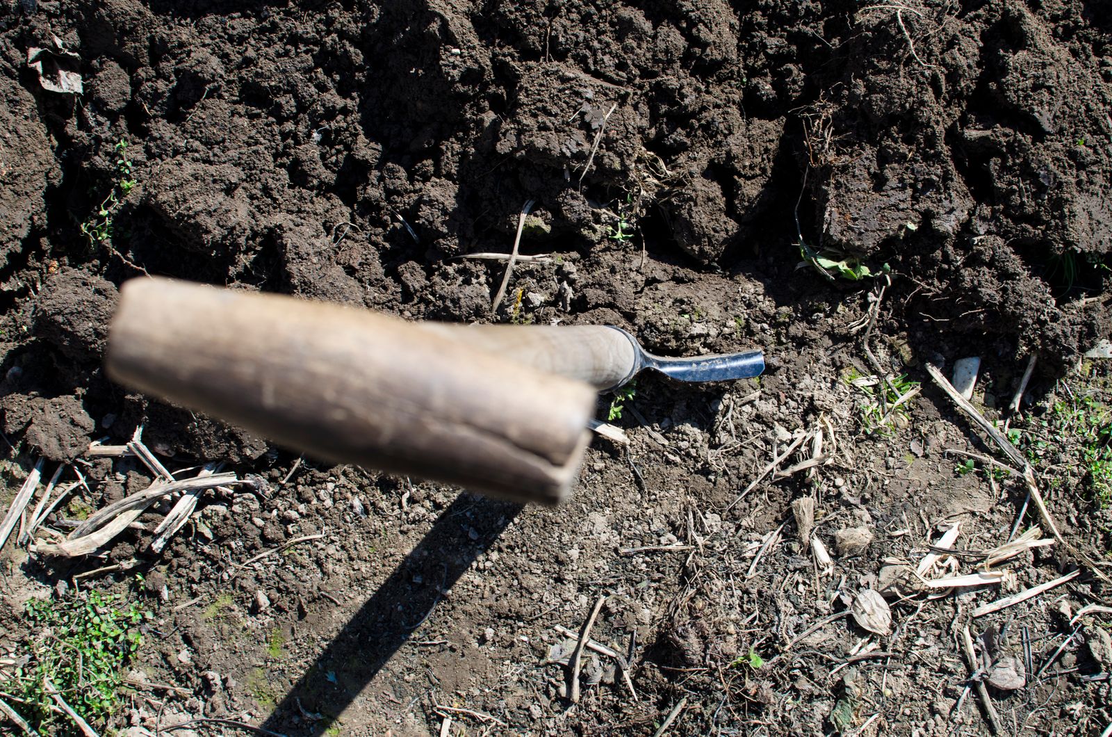 A bare garden bed of freshly turned soil with a spade standing in it
